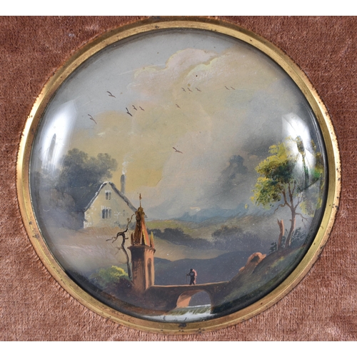 1500 - A RARE PAIR OF OVERSIZED EARLY 19TH CENTURY REVERSE PAINTED DOMED PANELS painted with river scenes. ... 