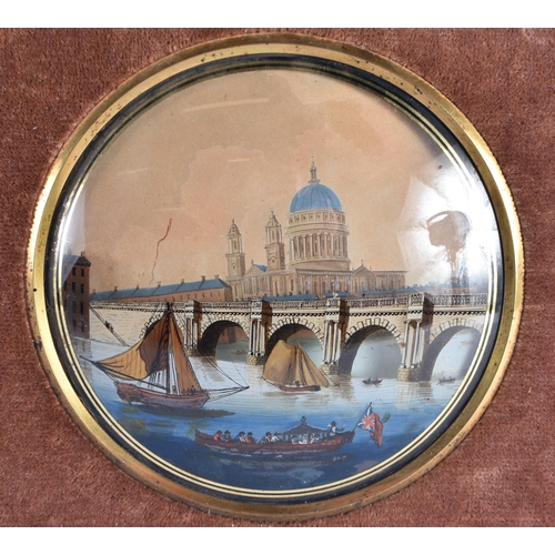 1500 - A RARE PAIR OF OVERSIZED EARLY 19TH CENTURY REVERSE PAINTED DOMED PANELS painted with river scenes. ... 