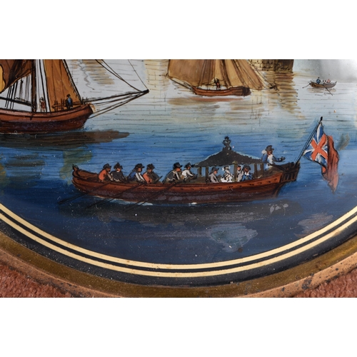 1500 - A RARE PAIR OF OVERSIZED EARLY 19TH CENTURY REVERSE PAINTED DOMED PANELS painted with river scenes. ... 