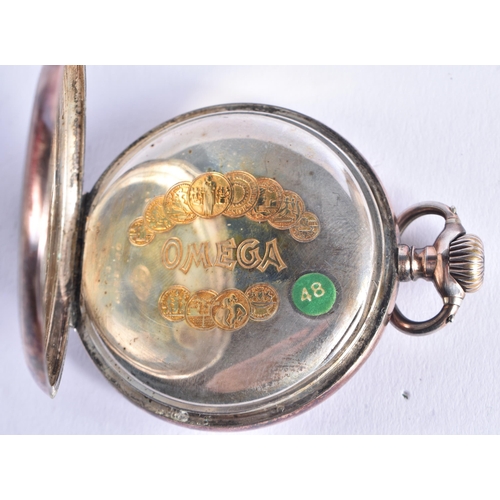 1504 - A VINTAGE OMEGA SILVER POCKET WATCH. 91.8 grams overall. 5 cm diameter.