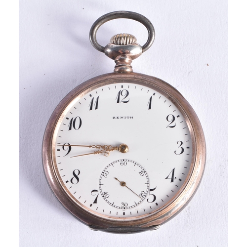 1509 - A VINTAGE ZENITH SILVER POCKET WATCH. 98.4 grams overall. 5.25 cm diameter.