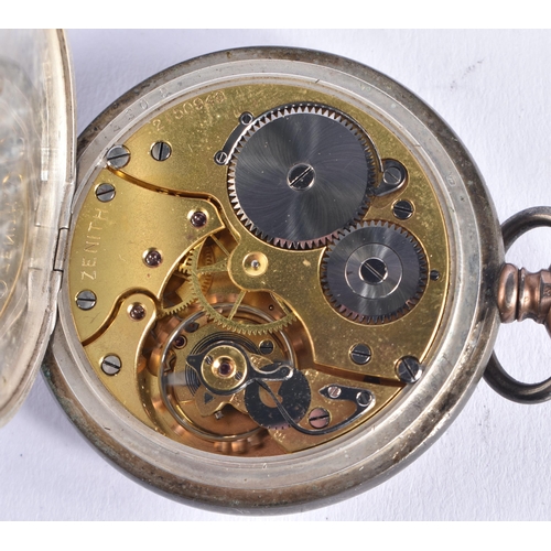 1509 - A VINTAGE ZENITH SILVER POCKET WATCH. 98.4 grams overall. 5.25 cm diameter.