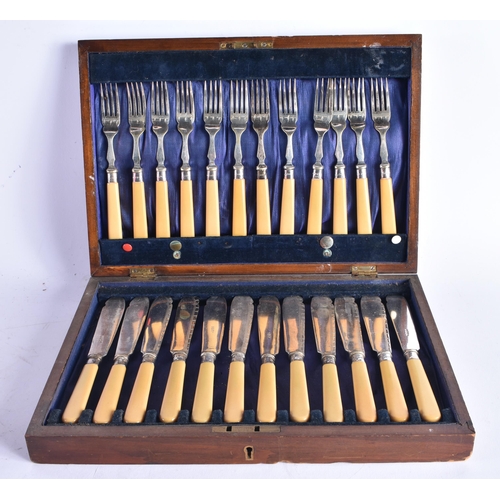 1520 - CASED ANTIQUE KNIVES AND FORKS with silver bands. (qty)