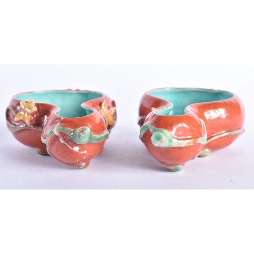 1535 - AN UNUSUAL PAIR OF 19TH CENTURY CHINESE CORAL GROUND PORCELAIN BRUSH WASHERS Qing. 12 cm x 7 cm.