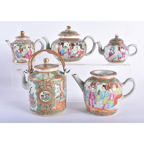 1539 - A GROUP OF FIVE 19TH CENTURY CHINESE CANTON FAMILLE ROSE TEAPOTS AND COVERS Qing. Largest 15 cm wide... 