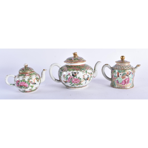 1539 - A GROUP OF FIVE 19TH CENTURY CHINESE CANTON FAMILLE ROSE TEAPOTS AND COVERS Qing. Largest 15 cm wide... 