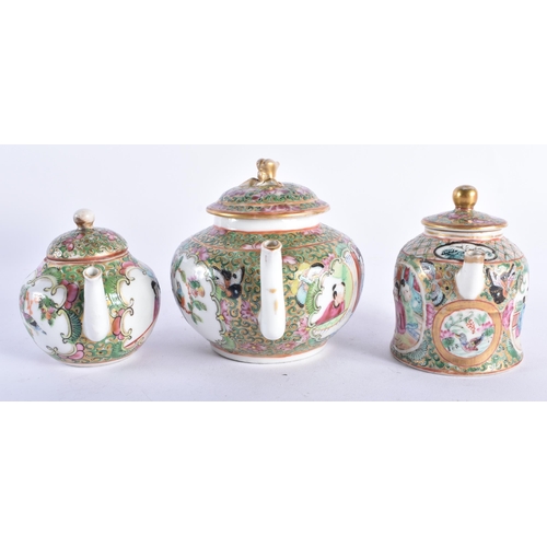 1539 - A GROUP OF FIVE 19TH CENTURY CHINESE CANTON FAMILLE ROSE TEAPOTS AND COVERS Qing. Largest 15 cm wide... 