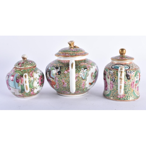 1539 - A GROUP OF FIVE 19TH CENTURY CHINESE CANTON FAMILLE ROSE TEAPOTS AND COVERS Qing. Largest 15 cm wide... 