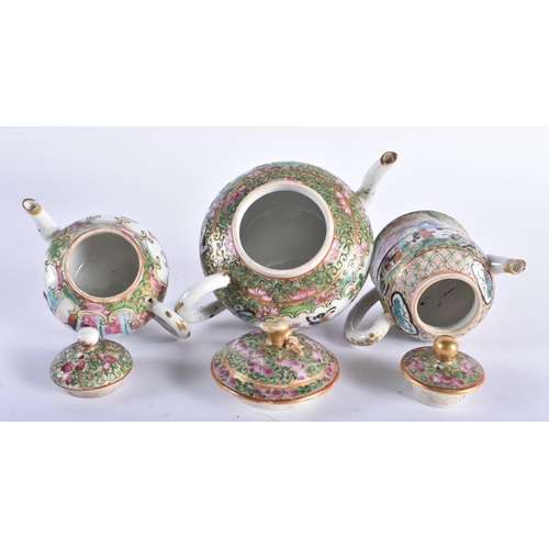 1539 - A GROUP OF FIVE 19TH CENTURY CHINESE CANTON FAMILLE ROSE TEAPOTS AND COVERS Qing. Largest 15 cm wide... 