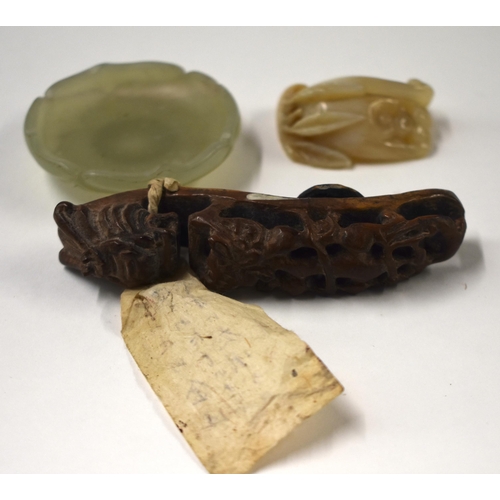 805 - A RARE 19TH CENTURY CHINESE CARVED BAMBOO BELT HOOK Qing, together with a jade lid & agate fruit. La... 