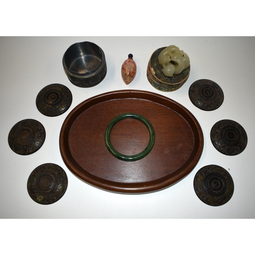 835 - FIVE CHINESE QING DYNASTY COCONUT LID COVERS together with a bangle etc. (qty)