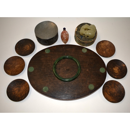 835 - FIVE CHINESE QING DYNASTY COCONUT LID COVERS together with a bangle etc. (qty)