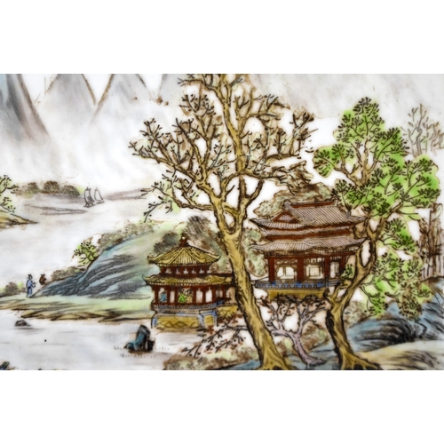 852 - A LARGE CHINESE REPUBLICAN PERIOD FAMILLE ROSE PORCELAIN LANDSCAPE PANEL. 42 cm x 27 cm.