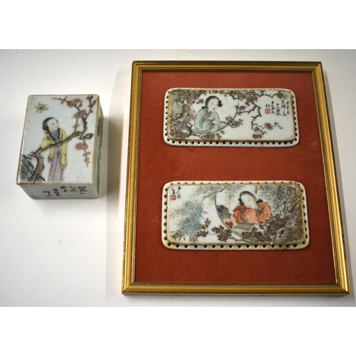 854 - A FRAMED PAIR OF EARLY 20TH CENTURY CHINESE PORCELAIN PLAQUES Late Qing/Republic, together with a si... 