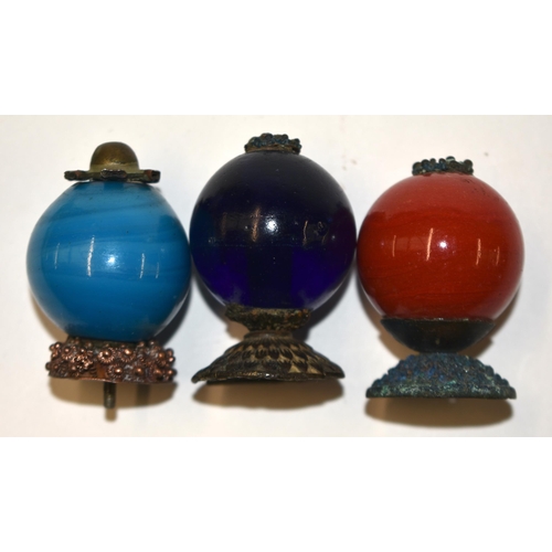 869 - THREE 19TH CENTURY CHINESE BEIJING GLASS MANDARIN HAT FINIALS Qing. 5 cm high. (3)