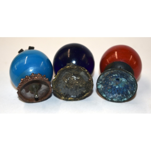 869 - THREE 19TH CENTURY CHINESE BEIJING GLASS MANDARIN HAT FINIALS Qing. 5 cm high. (3)