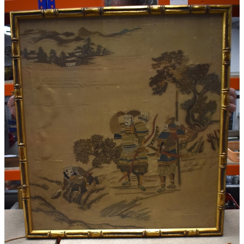 878 - A LARGE 19TH CENTURY JAPANESE MEIJI PERIOD SILK EMBROIDERED SAMURAI PANEL. 68 cm x 58 cm.