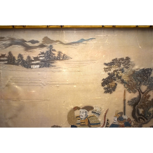 878 - A LARGE 19TH CENTURY JAPANESE MEIJI PERIOD SILK EMBROIDERED SAMURAI PANEL. 68 cm x 58 cm.