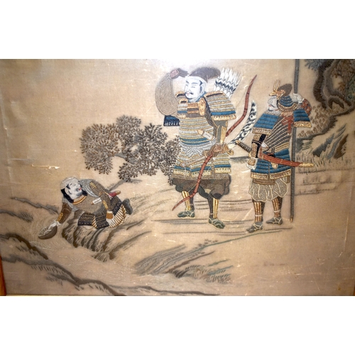 878 - A LARGE 19TH CENTURY JAPANESE MEIJI PERIOD SILK EMBROIDERED SAMURAI PANEL. 68 cm x 58 cm.