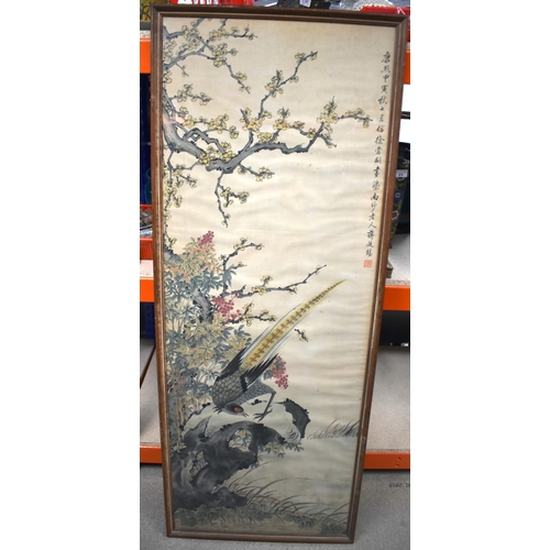 880 - Chinese School (19th Century) Watercolour, Bird within a landscape. 138 cm x 54 cm.