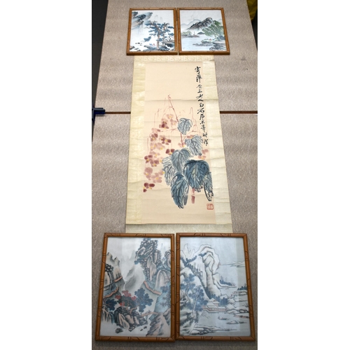 886 - FOUR CHINESE REPUBLICAN PERIOD SILK PAINTINGS together with a scroll. 4 x pictures 36 cm x 24 cm. (5... 