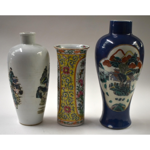 889 - TWO 19TH CENTURY CHINESE PORCELAIN VASES Qing, together with a famille verte vase. Largest 28 cm hig... 