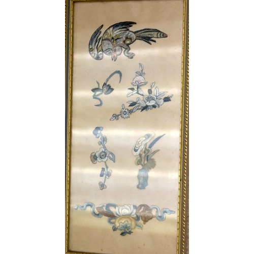 893 - THREE 19TH CENTURY CHINESE SILK EMBROIDERIES. Largest 40 cm x 18 cm. (3)