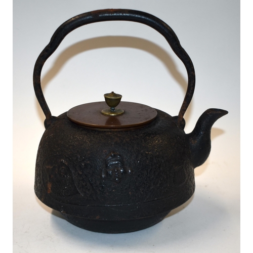 895 - A 19TH CENTURY JAPANESE MEIJI PERIOD CAST IRON AND BRONZE TETSUBIN KETTLE AND COVER decorated with m... 