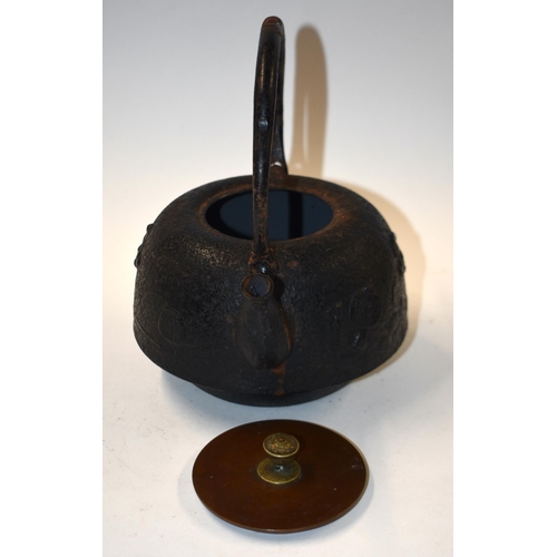 895 - A 19TH CENTURY JAPANESE MEIJI PERIOD CAST IRON AND BRONZE TETSUBIN KETTLE AND COVER decorated with m... 