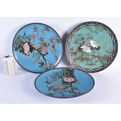 925 - THREE 19TH CENTURY JAPANESE MEIJI PERIOD CLOISONNE ENAMEL DISHES. 30 cm diameter. (3)