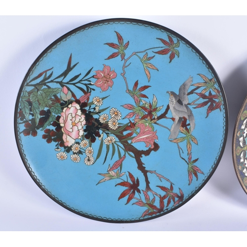 925 - THREE 19TH CENTURY JAPANESE MEIJI PERIOD CLOISONNE ENAMEL DISHES. 30 cm diameter. (3)