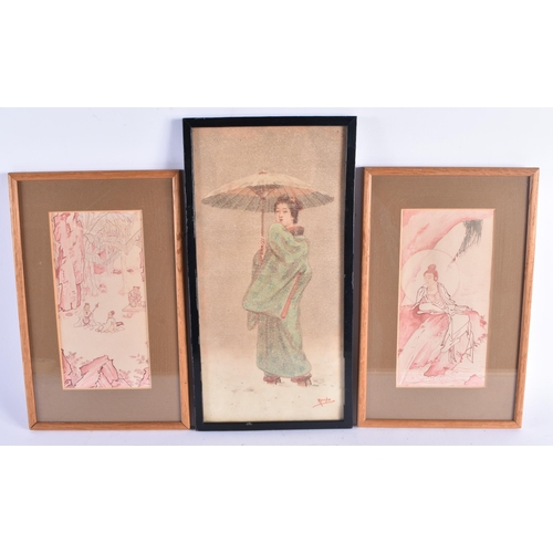 927 - ASSORTED JAPANESE MEIJI PERIOD WATERCOLOURS AND WOODBLOCK PRINTS. (qty)