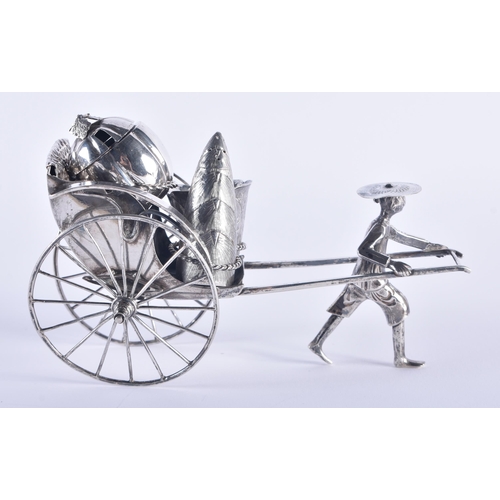 935 - .930 silver novelty rickshaw condiment holder. 241 grams. 17 cm x 8 cm.