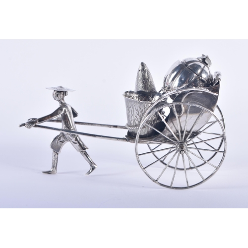 935 - .930 silver novelty rickshaw condiment holder. 241 grams. 17 cm x 8 cm.