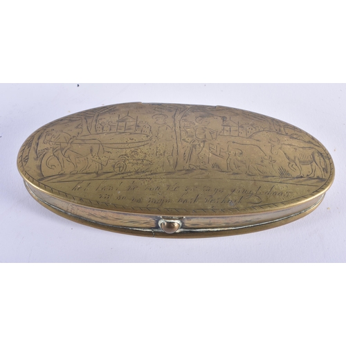 941 - 18th Century Oval Brass Dutch Tobacco Box w/ Hinged Lid & Button Opening. 157 grams. 15.5 cm x 7 cm.