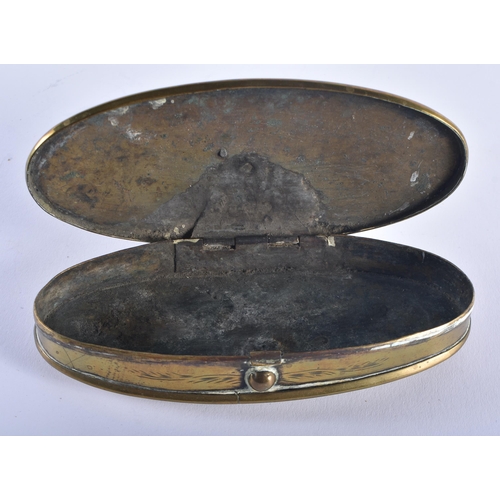 941 - 18th Century Oval Brass Dutch Tobacco Box w/ Hinged Lid & Button Opening. 157 grams. 15.5 cm x 7 cm.