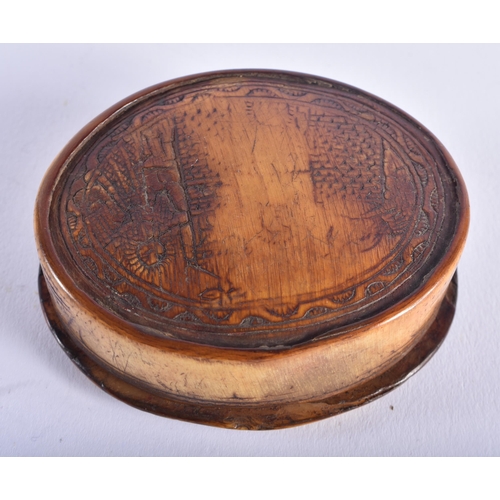 957 - Antique Decoratively Carved Horn Snuff Box w/ Figures Animals & Text To Border. 7 cm x 6 cm.