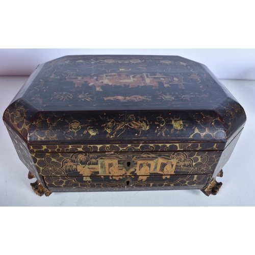 960 - Antique Chinese Regency Era Sewing / Jewellery Box Black & Gold Lacquer. 30 cm x 22 cm.