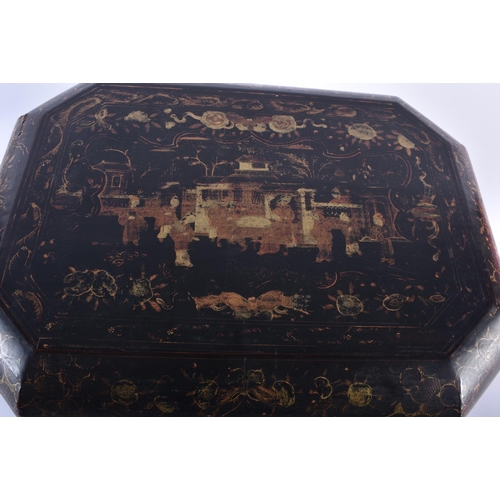 960 - Antique Chinese Regency Era Sewing / Jewellery Box Black & Gold Lacquer. 30 cm x 22 cm.