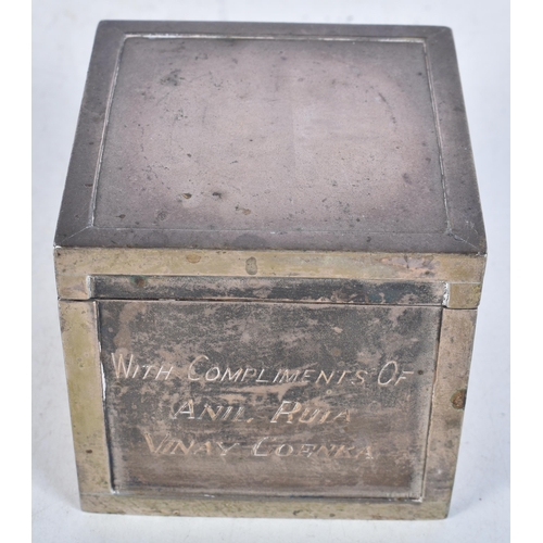 966 - Antique White metal presentation tea caddy, with compliments of Anil Ruia, Vinay Goenka. 438 grams. ... 