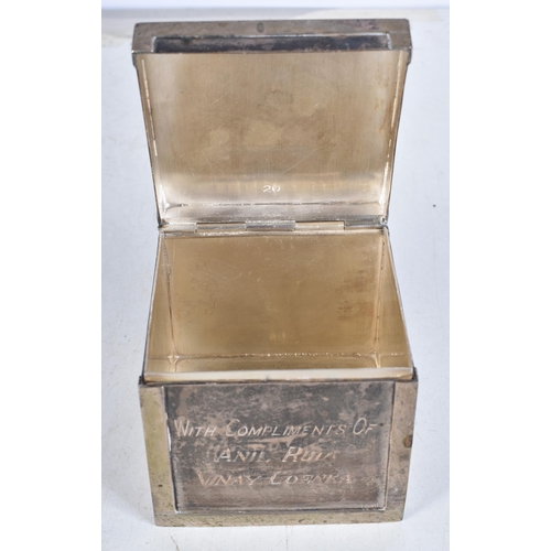 966 - Antique White metal presentation tea caddy, with compliments of Anil Ruia, Vinay Goenka. 438 grams. ... 