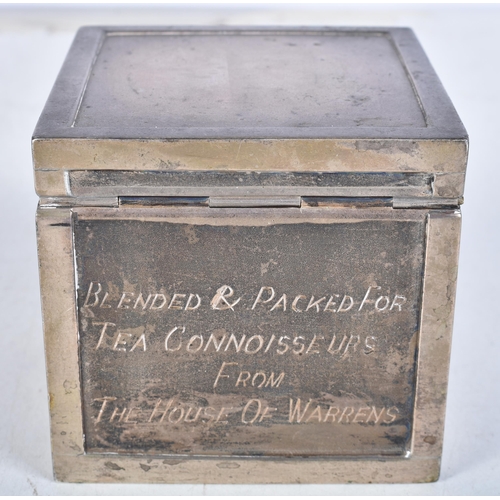 966 - Antique White metal presentation tea caddy, with compliments of Anil Ruia, Vinay Goenka. 438 grams. ... 