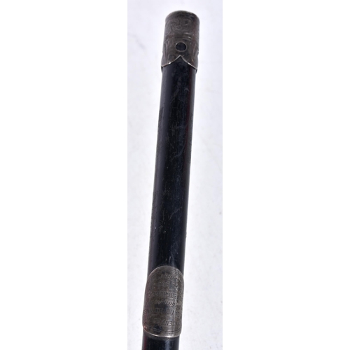 968 - Antique .925 Sterling Silver Detailed & Ebony Swagger Stick. 81 grams. 46 cm long.