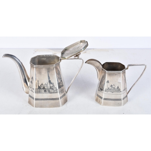 974 - 2 x .925 Sterling Silver Niello Silver Teapot & Cream Jug. 582 grams. Largest 13.5 cm x 19.5 cm. (2)