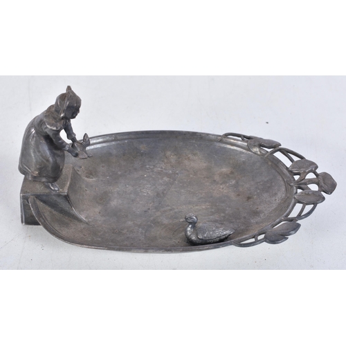 975 - Antique WMF Pewter Maid and Duck Pond Trinket Dish. 190 grams. 15 cm x 9 cm.