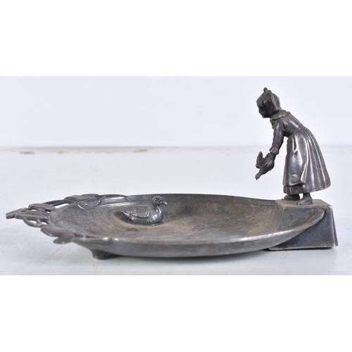 975 - Antique WMF Pewter Maid and Duck Pond Trinket Dish. 190 grams. 15 cm x 9 cm.