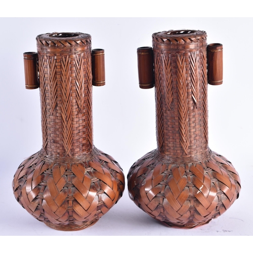 987 - A PAIR OF EARLY 20TH CENTURY JAPANESE MEIJI PERIOD BAMBOO VASE of bulbous form. 30 cm high.