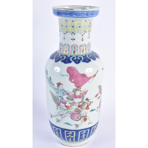 989 - A 19TH CENTURY CHINESE FAMILLE ROSE PORCELAIN ROULEAU VASE Qing. 24.5 cm high.