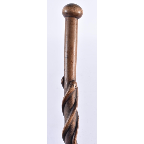 106 - A 19TH CENTURY CONTINENTAL CARVED ENTWINED SNAKE WOOD WALKING CANE. 90 cm long.