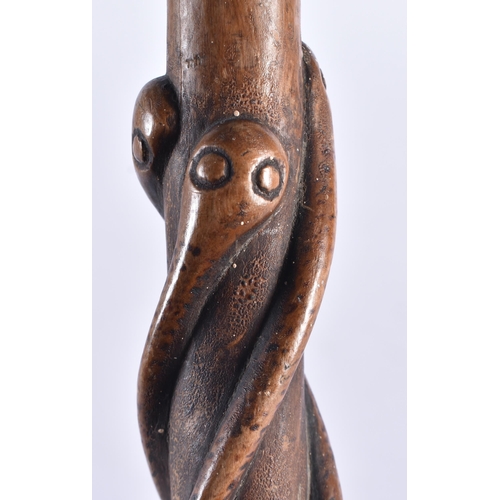 106 - A 19TH CENTURY CONTINENTAL CARVED ENTWINED SNAKE WOOD WALKING CANE. 90 cm long.